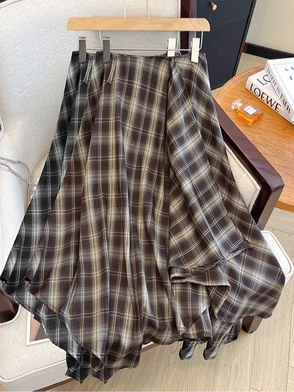

High Waist A-Line Midi Skirt with Belt Plaid Asymmetrical Autumn plus Size Women's Faionable Commuter Korean Sle Skirt