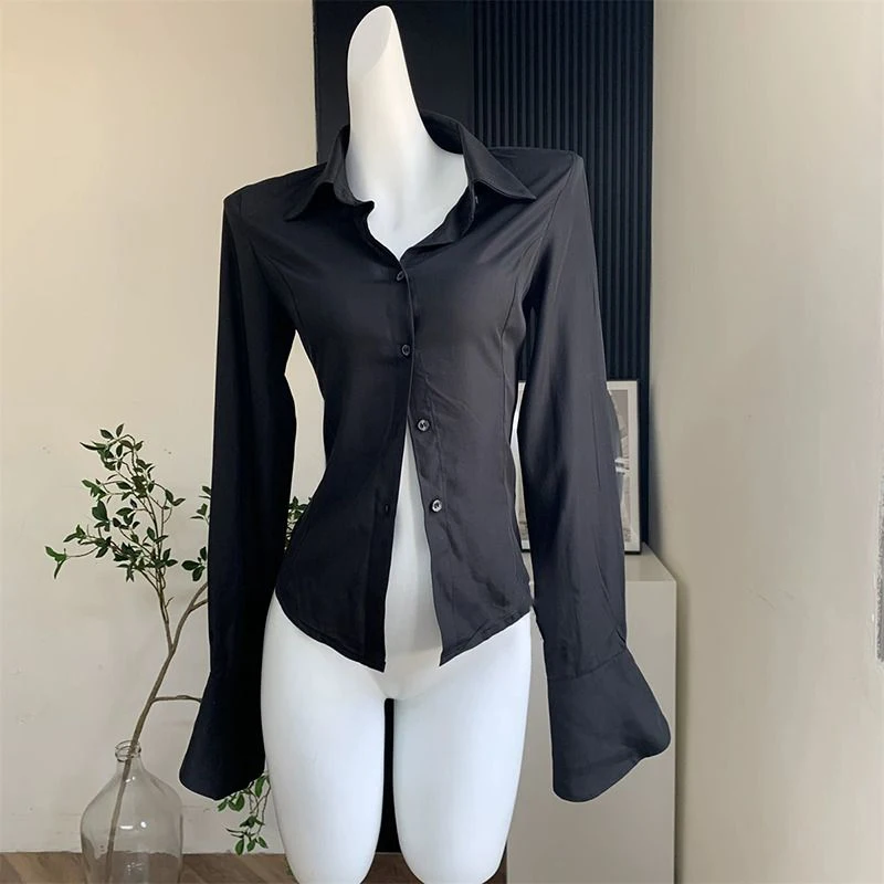 Gidyq Women Black Bandage Shirts Korean Fashion All Match Streetwear Female Slim Blouse Spring Casual Designed Bell Sleeve Shirt