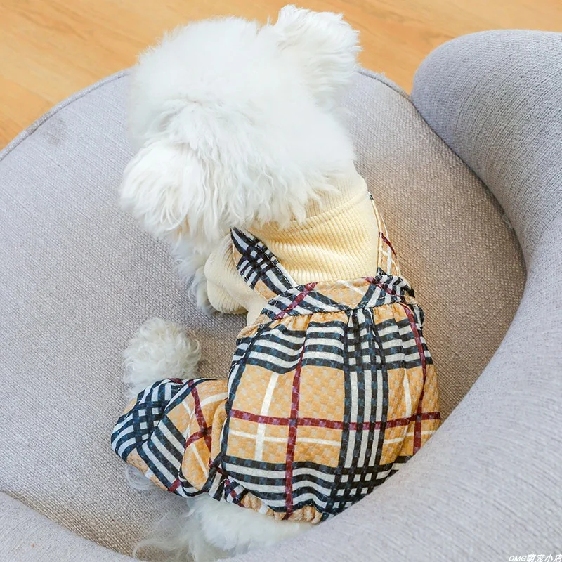 1PC pet clothing, cat spring and autumn toffee coffee plaid patchwork four legged pants suitable for small and medium-sized dogs