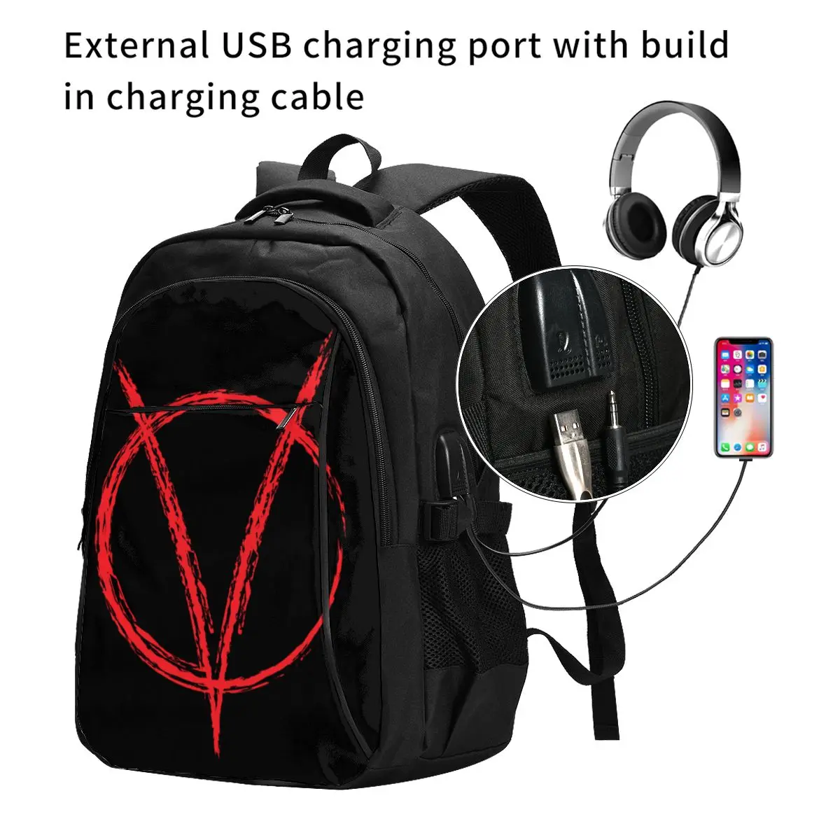 V Is For Vendetta W Was For War Usb Backpacks Fashion Tote Travel Hiking Usb Port Notebook Bags