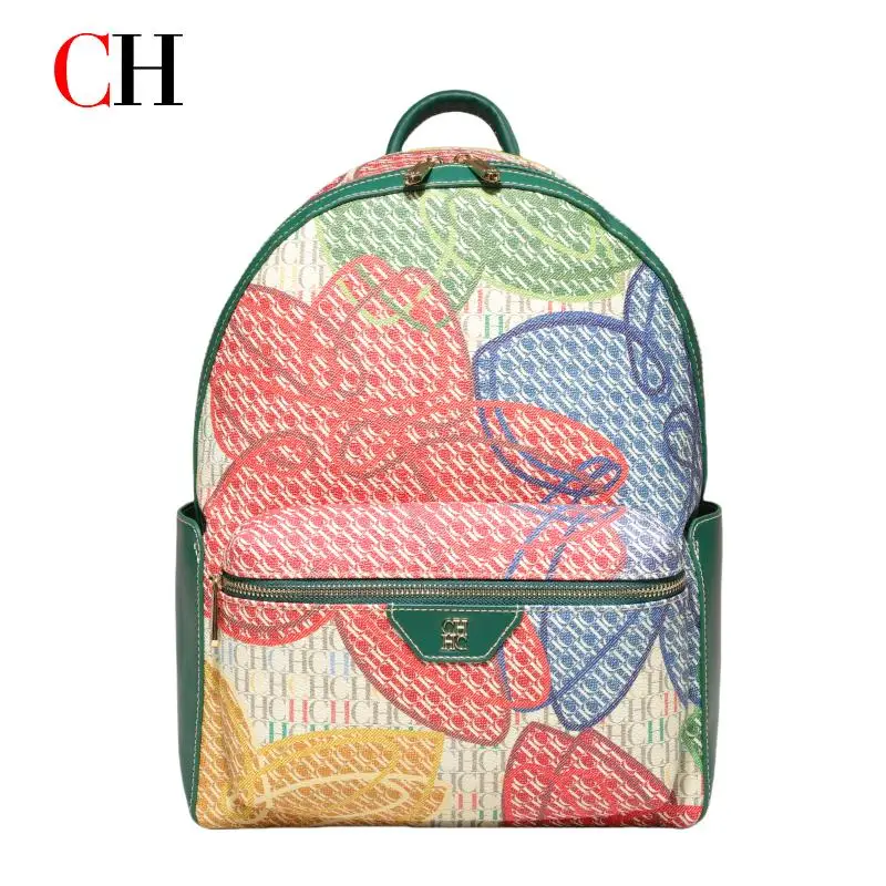 CH Luxury Women Backpack PU Leather Monogram Large Capacity Travel School Daily Fashion Designer Style Red Trim - view 6