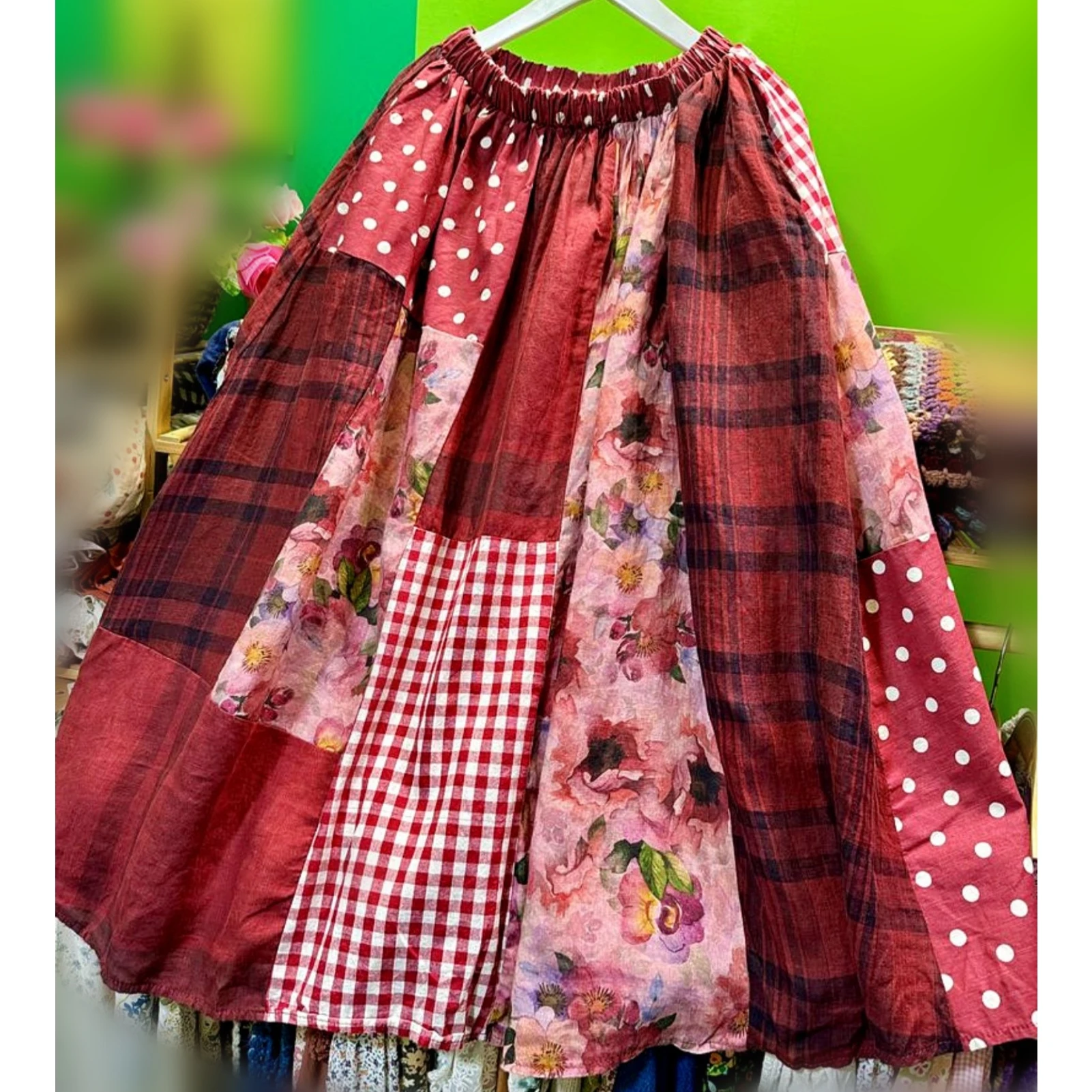

Vintage Patchwork Cotton Linen Long Skirt for Women 2025 Autumn Sweet Retro Chic Floral Plaid Polka Dots Cottagecore Midi Skirt
