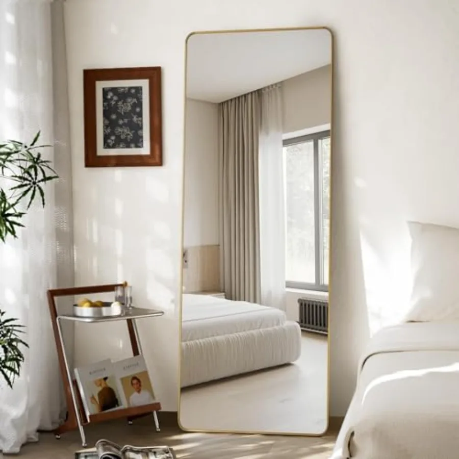 

Round Corner Mirror Full Length 21" x 56" Floor Mirror with Stand Matte Aluminum Alloy Frame Full Body Mirror Standing Hanging