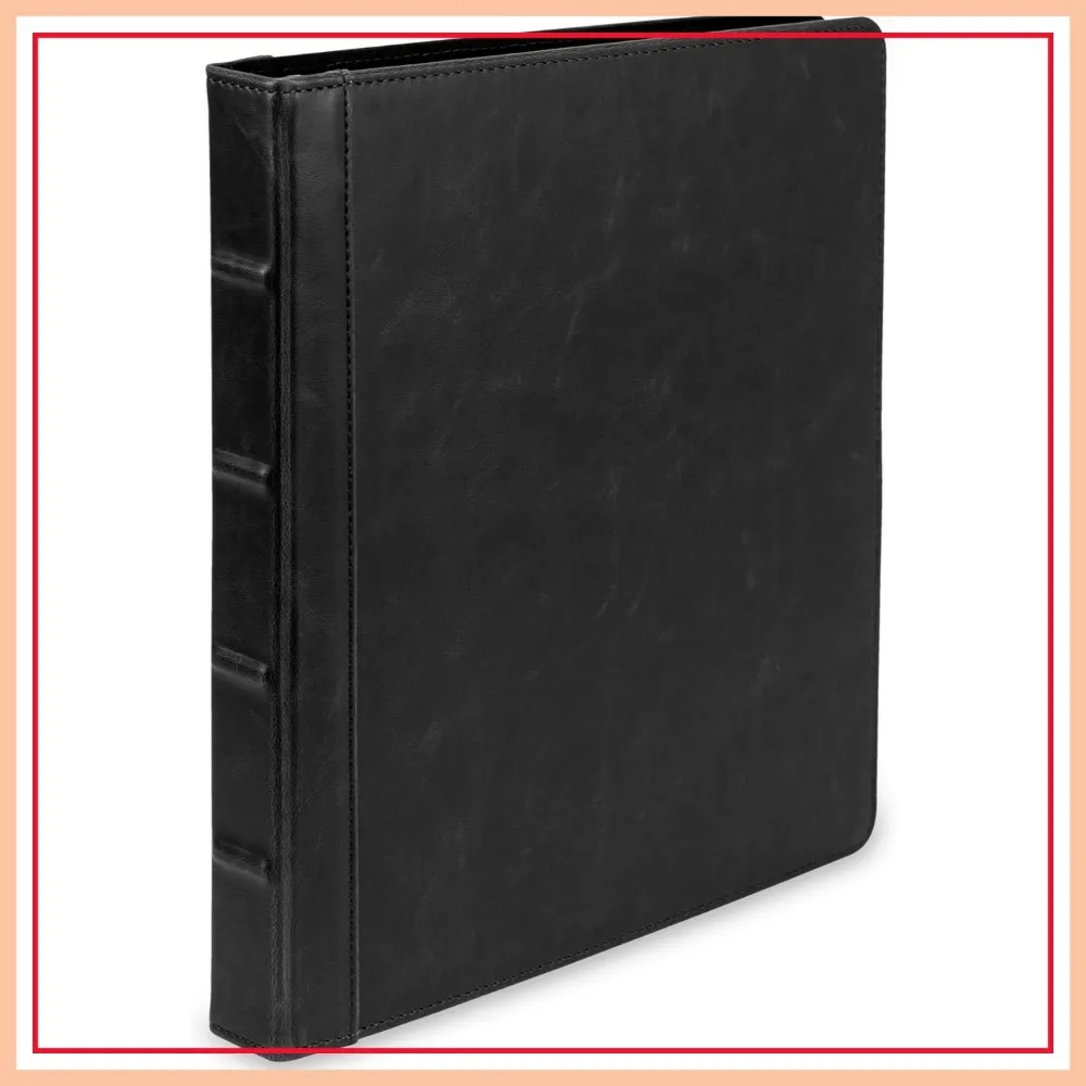 

Vintage Leather 3 Ring Binder 0.5 Inch Round Ring Holds 100 Sheets 8.5x11 Professional Organizer Planner Notebook Black