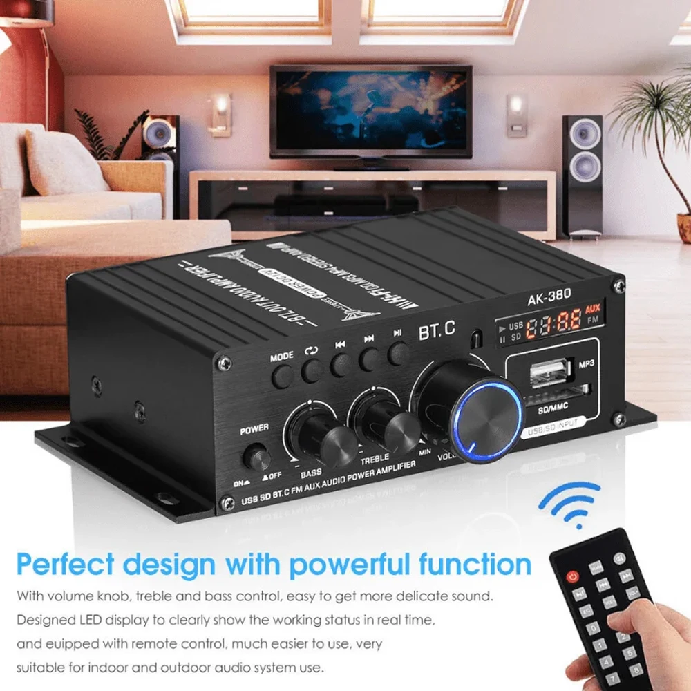 AK380 Power Amplifier 800W Stereo Sound Amplifier Channel 2.0 HIFI Bluetooth Amp Home Digital Audio 12V 3A for Car Bass Trebl