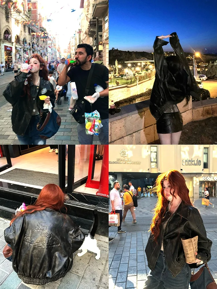 เสื้อโค้ทหนังแท้สไตล์วินเทจทรงหลวมสำหรับผู้หญิง ยี่ห้อ FuunJ Handmade Blagirl รุ่น Jaet แขนยาว ปิดซิป ความยาวปกติ