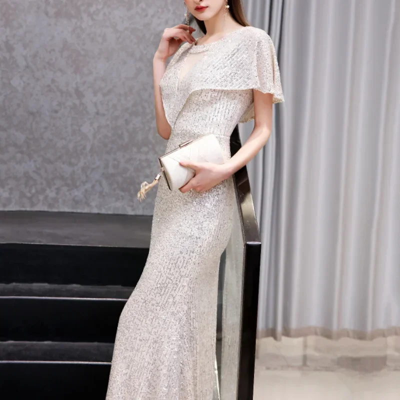 Customized Sexy Sequined Elegant Evening Dresses Slim Waist V-neck Robe Chic Sleeves Party Dress 2024 Summer Trumpet Women Shiny