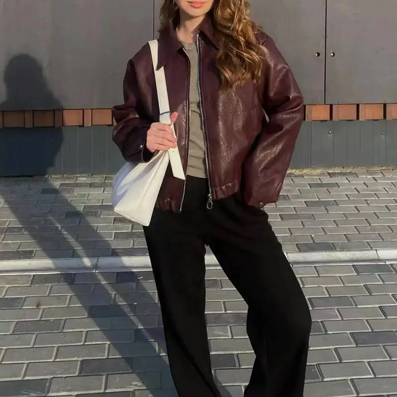 Jackets Women's Jaqueta Feminina Streetwear Ins Outwear Casaco Feminino Vermelho Couro Coat Black Giacca Pelle Donna Insz