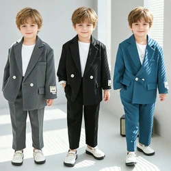 Boys Formal Suit Double Breasted Belt Design Blazer Pants Set Elegant Kids Wedding Party Gentleman Stylish Casual Outfit 2-12 Y
