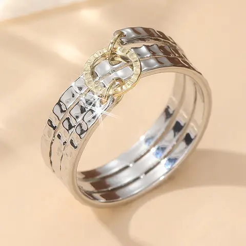 Fashion Creative Multi Layer Circular Hollow Ring Two Tone Design Hammer Texture Ring Women's Daily Casual Jewelry Accessory