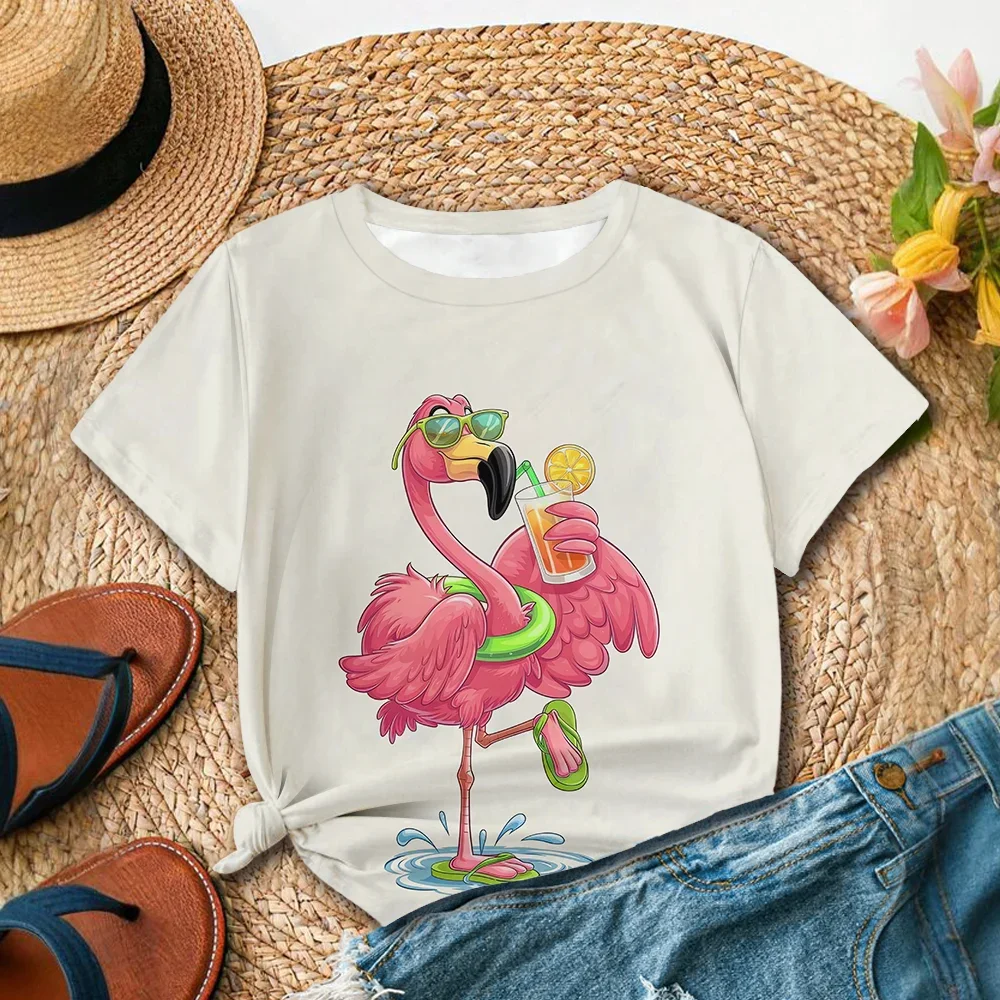 Wit T-shirt voor dames met cartoon-flamingo-kunstprint Casual zomerstijl Top met ronde hals en korte mouwen voor dagelijks Y2K-streetwear
