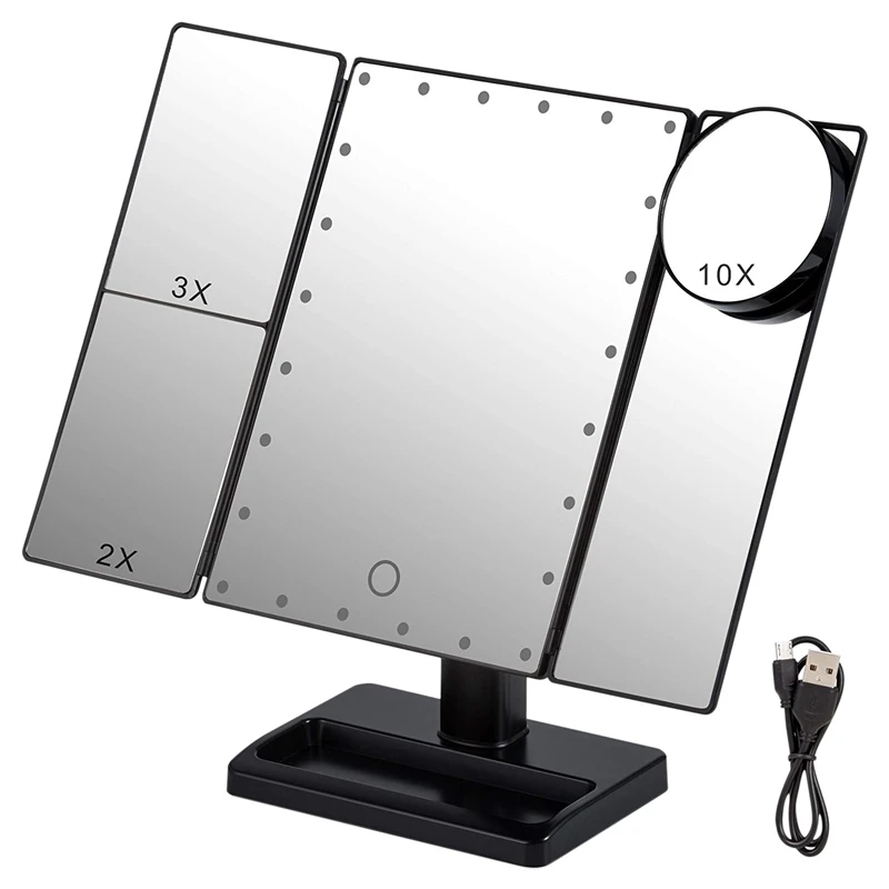 Trifold Makeup Mirror with 22 LED Lights,10X/3X/2X Magnification Portable Fold Lighted Table Desk Cosmetic Mirror,Black