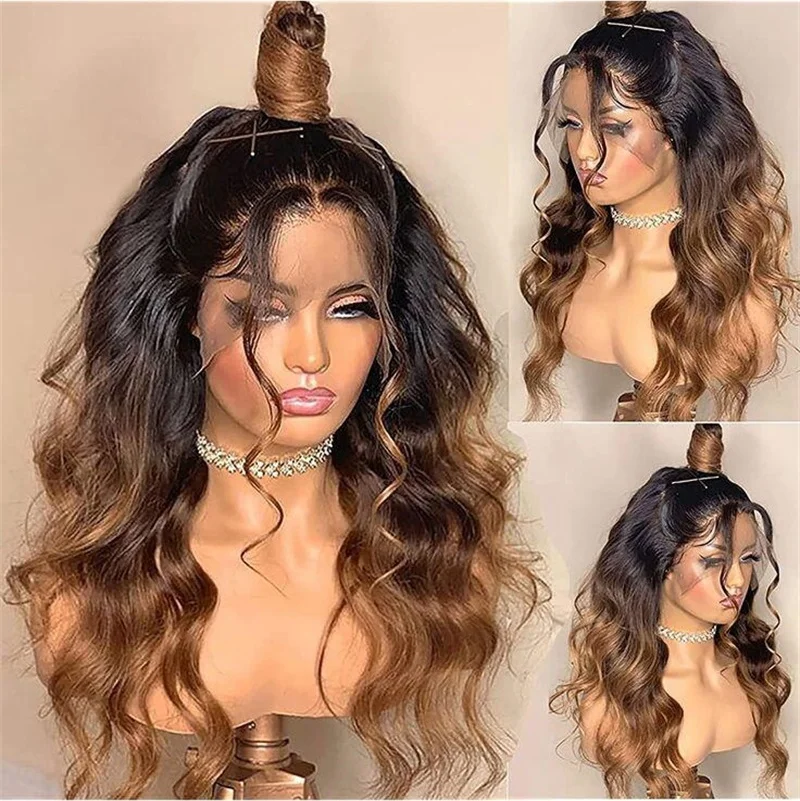 Peruca dianteira do laço para mulheres negras, natural, macio, longo, ombre, marrom, onda do corpo, cabelo do bebê, resistente ao calor, sem cola, diariamente, 26"