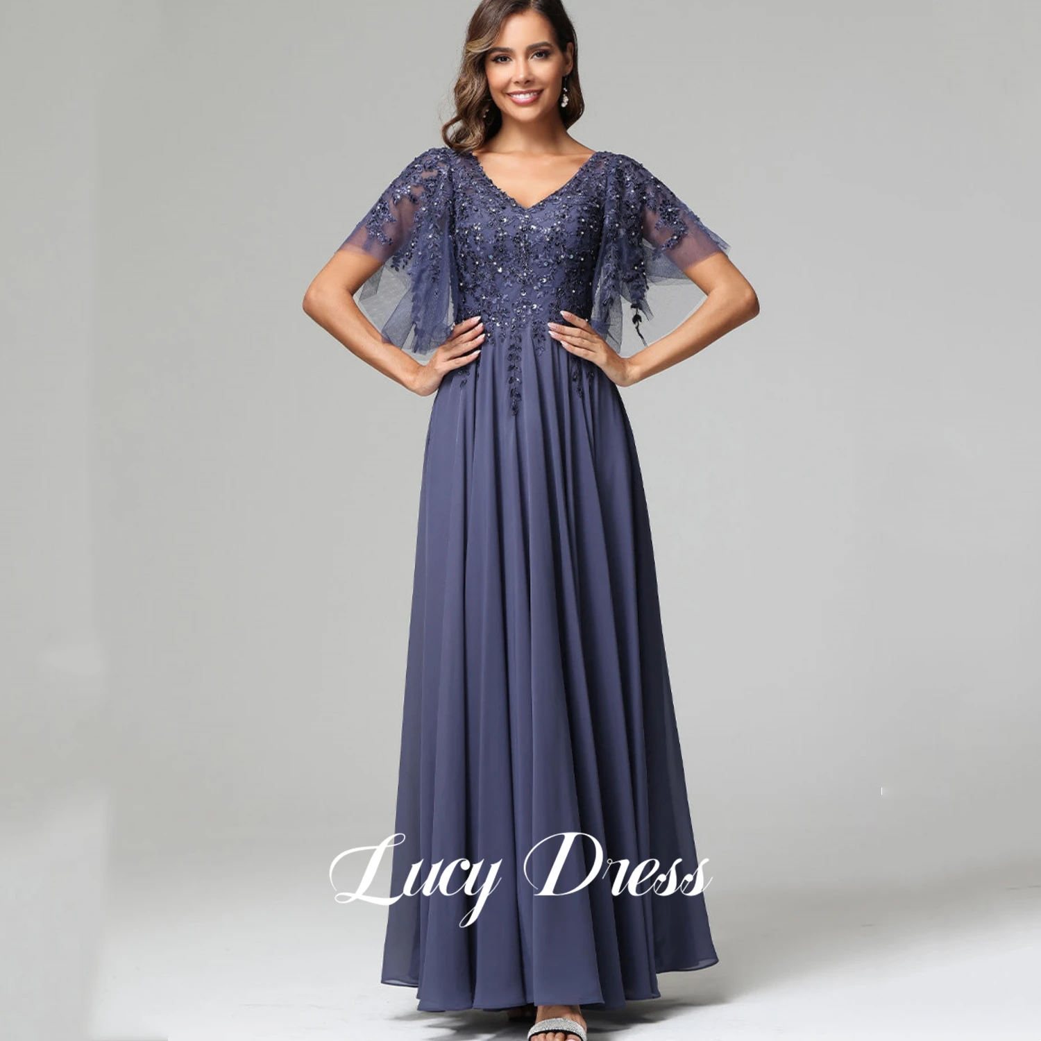 Lucy Mom Dress Elegant Guest Wedding Dress Party Evening Elegant Luxury Celebrity Applique Dark Gray Chiffon Straight Line