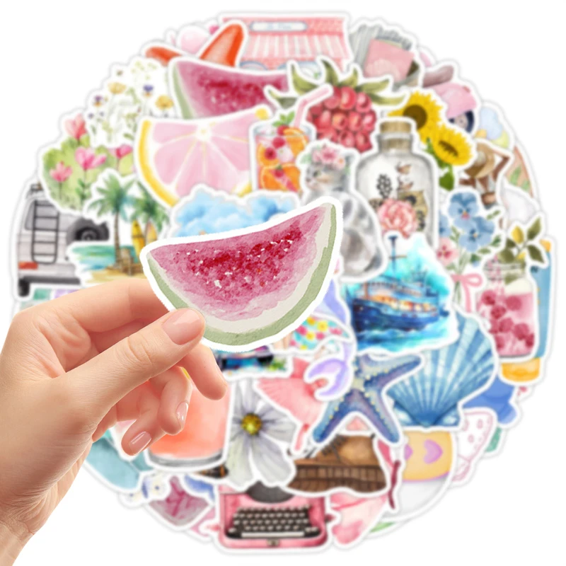 50 قطعة من الملصقات الجمالية، ملصقات يوميات كلاسيكية لطيفة بألوان مائية من الفينيل مقاومة للماء لزجاجة مياه للكمبيوتر المحمول