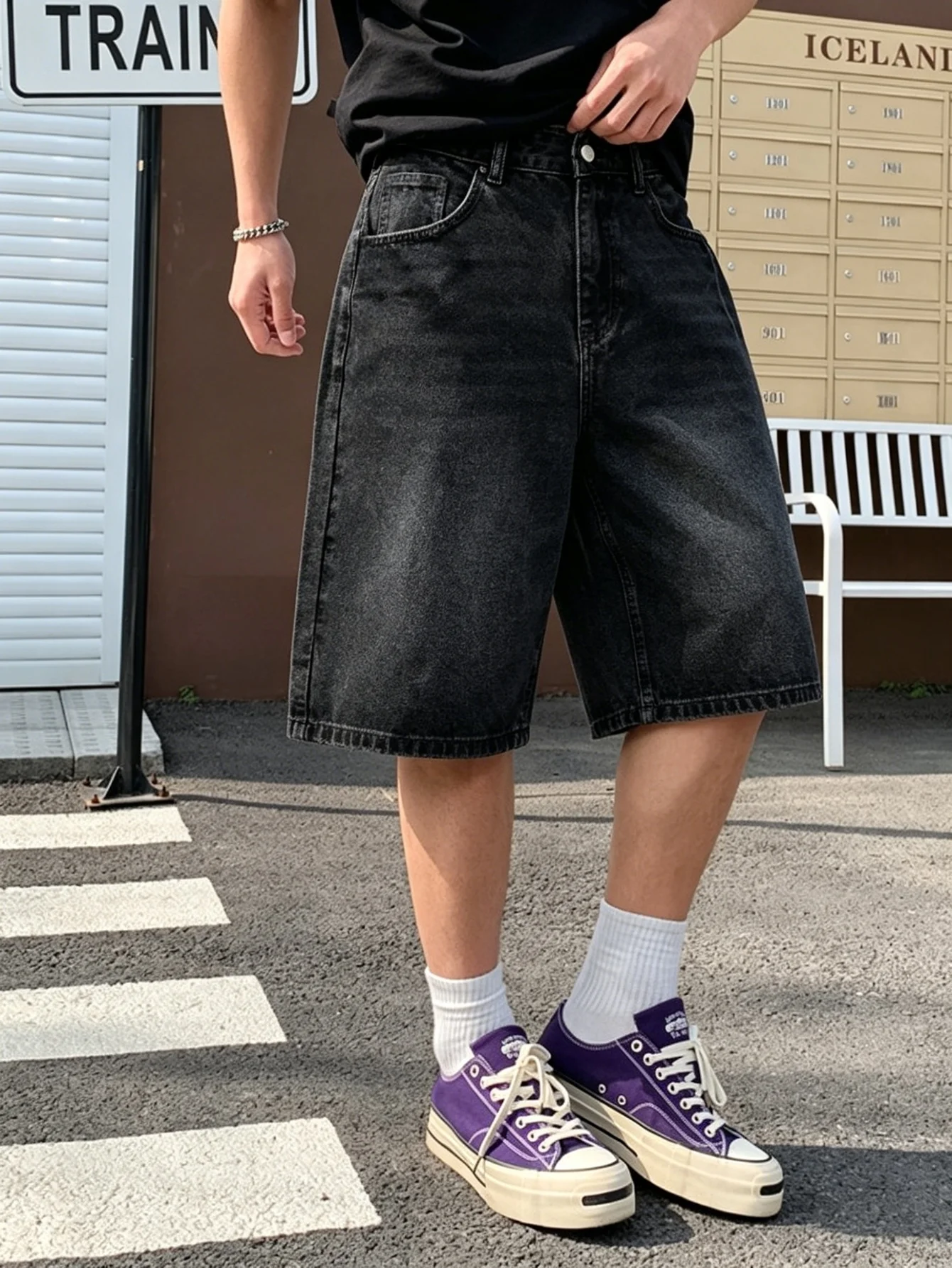 Men daily commute black non stretch denim jorts loose straight leg solid color versatile comfy outdoor casual trousers