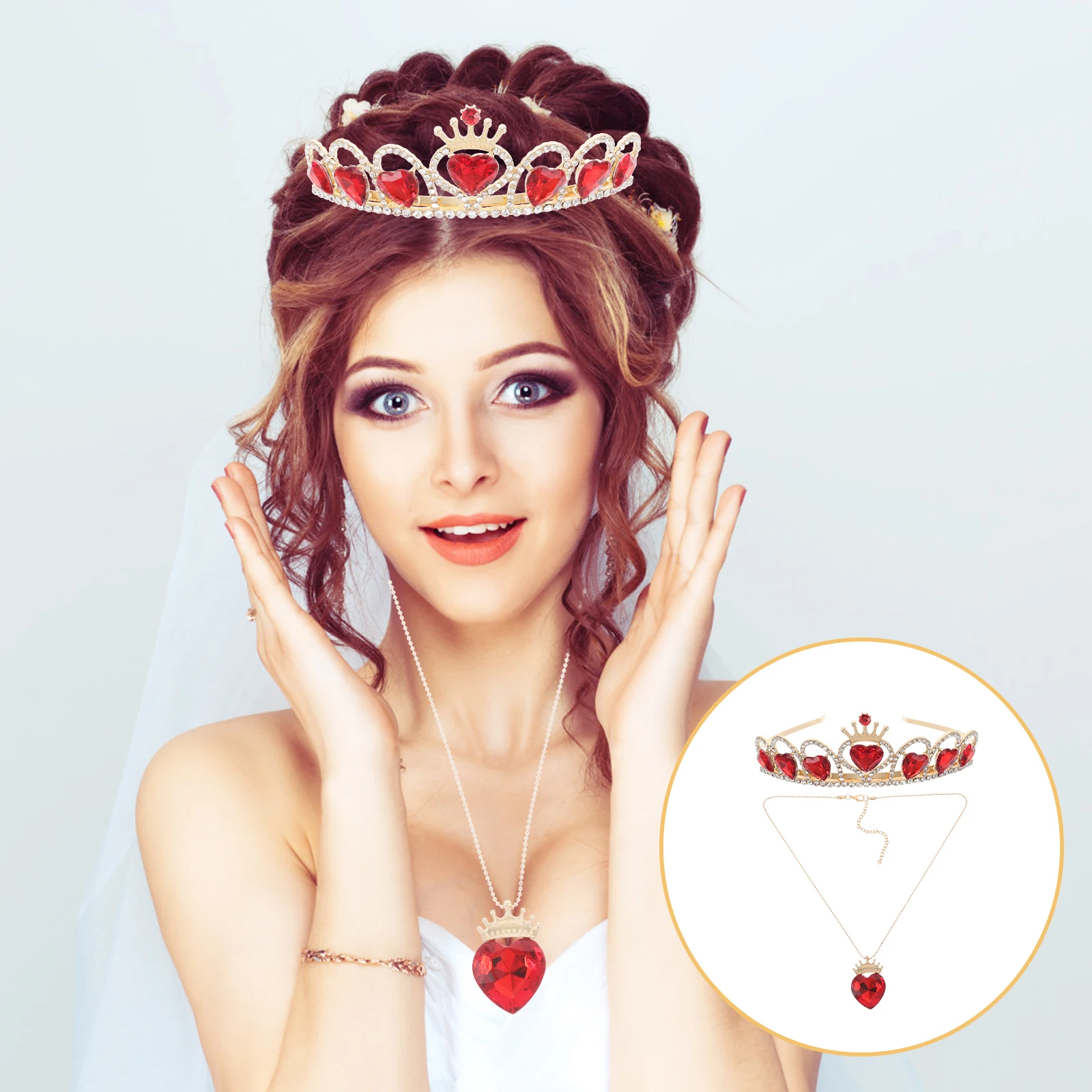 

1Set Luxury Heart Crown Rhinestone Set Bridal Tiara Necklace for Wedding Birthday Prom Pageant Women Party Accessory