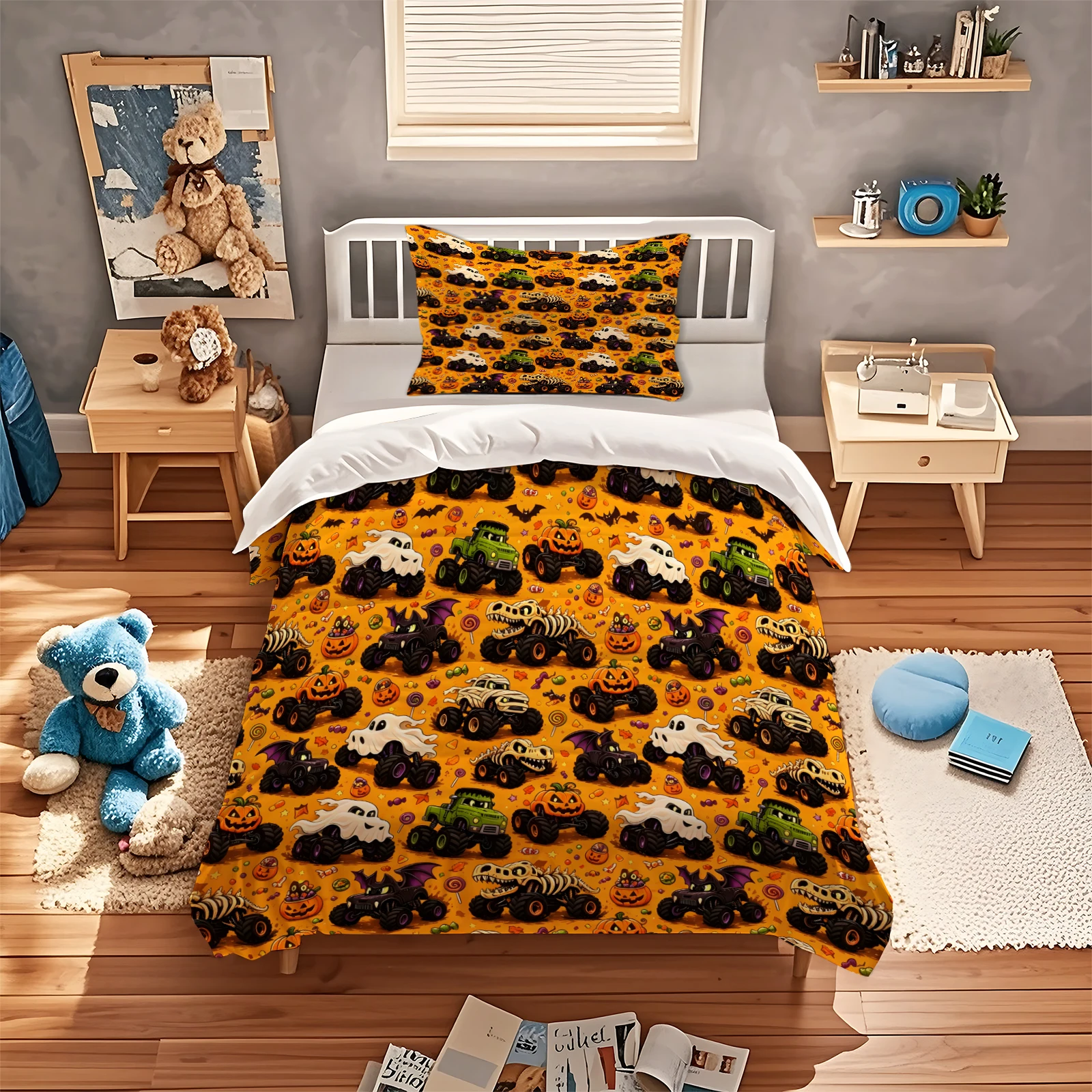 Halloween Theme Monster Truck Bedding Set Spooky Pumpkin Ghost Skeleton Dino Truck Duvet Cover Set Soft Polyester Quilt Cover