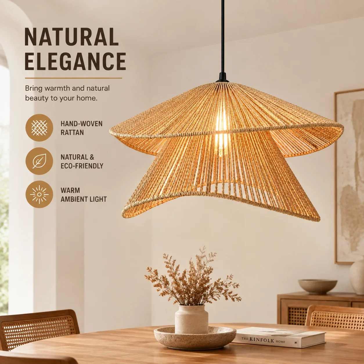 JOYINLED Boho Rattan Woven Natural Hanging Ceiling Lamp for Sunroom, Corridor, Library, Showroom, Studio, Mudroom, Entryway