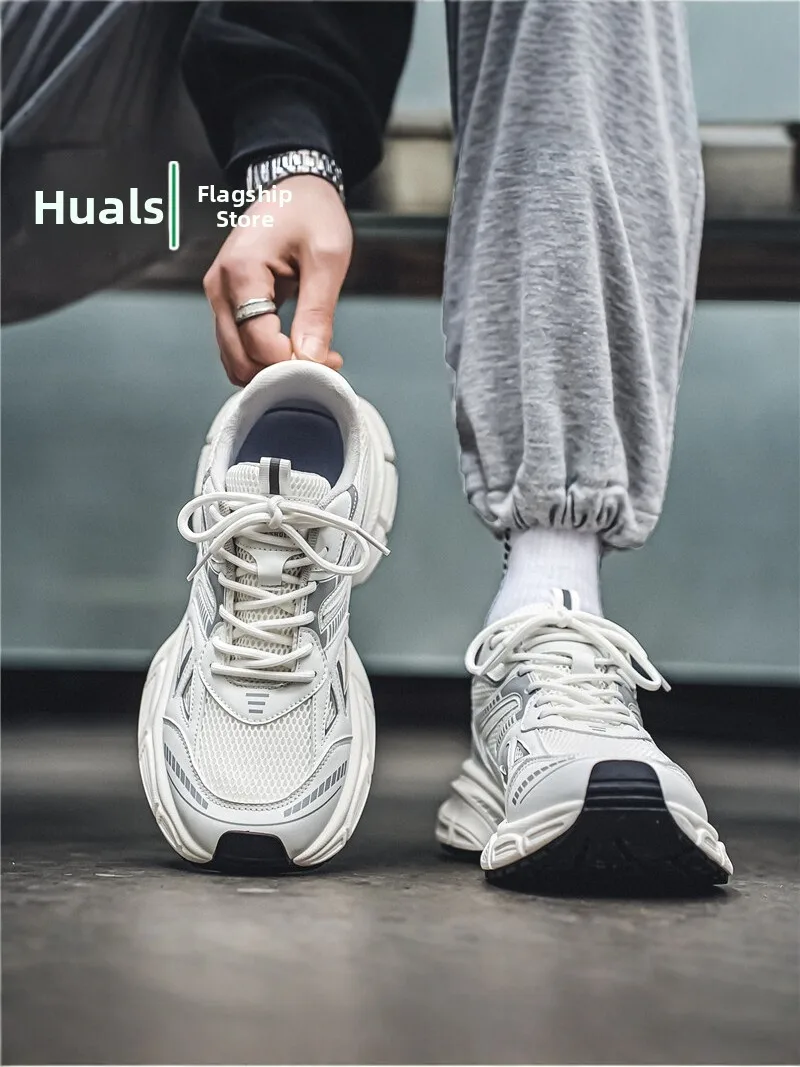 Men's Breathable Running Shoes Spring Autumn Casual Dad Style Thick Bottom Heightening White Net Surface Korean Version Fashi...
