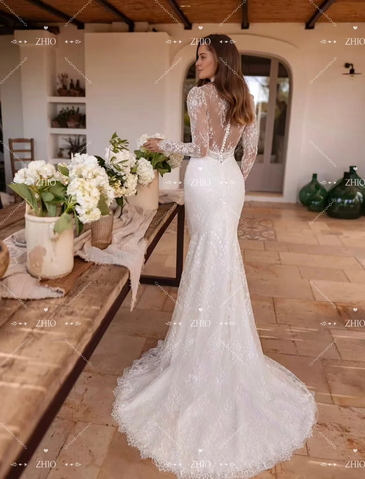 ZHIO خمر فستان الزفاف الدانتيل رائعة عالية الرقبة انفصال قطار الديكور حورية البحر امرأة فستان زفاف مخصص Vestido de novia #5
