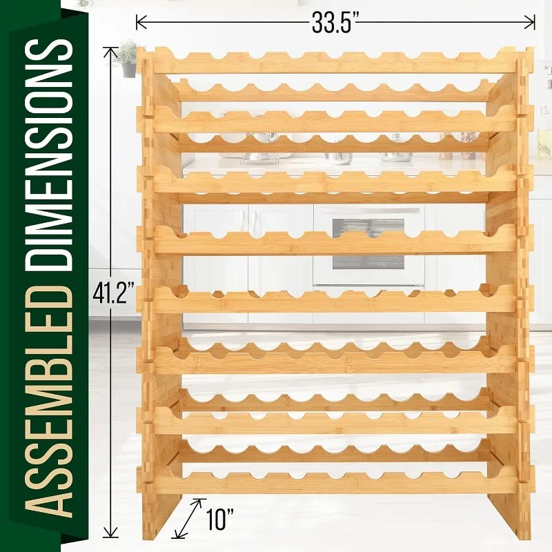 Bamboo Stackable Wine Rack, 8-Tier 72 Bottle Capacity Wine Racks Free Standing Floor, No Tools Assembly, Modular