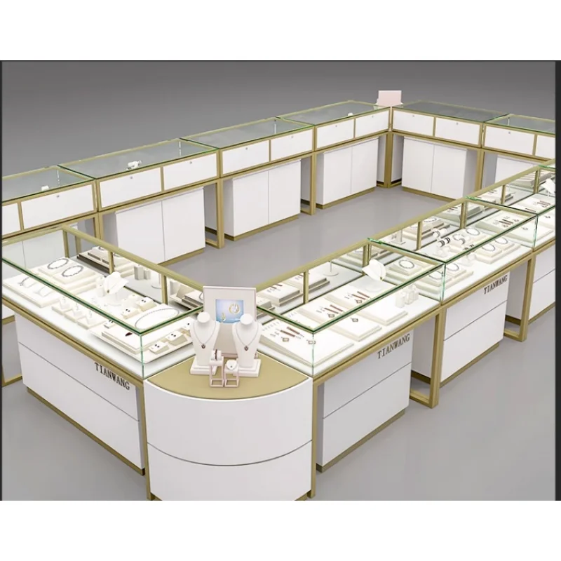 Kiosque de bijoux en verre trempé en acier inoxydable personnalisé, mélangeur d'achat moderne, vitrine de magasin de bijoux