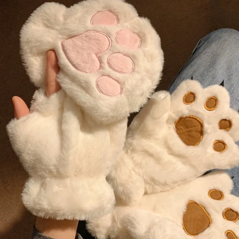 Cute Plush Cat Claw Paw Gloves for Girls Plush Mittens Warm Soft Plush Fingerless Fluffy Bear Gloves Costume Half Finger Gloves