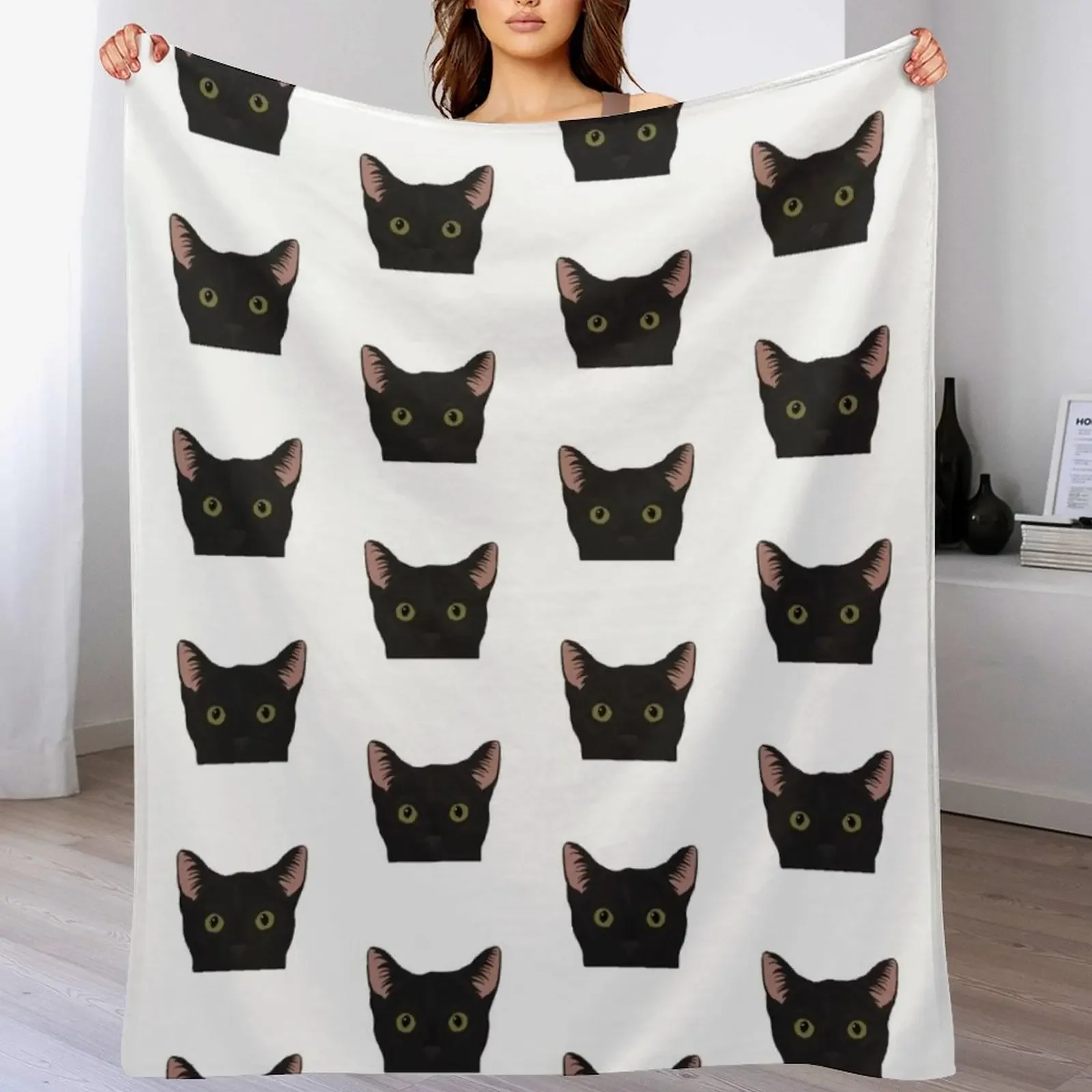 Curious Black Cat - Green Eyes Black Nose Throw Blanket Baby Polar Blankets