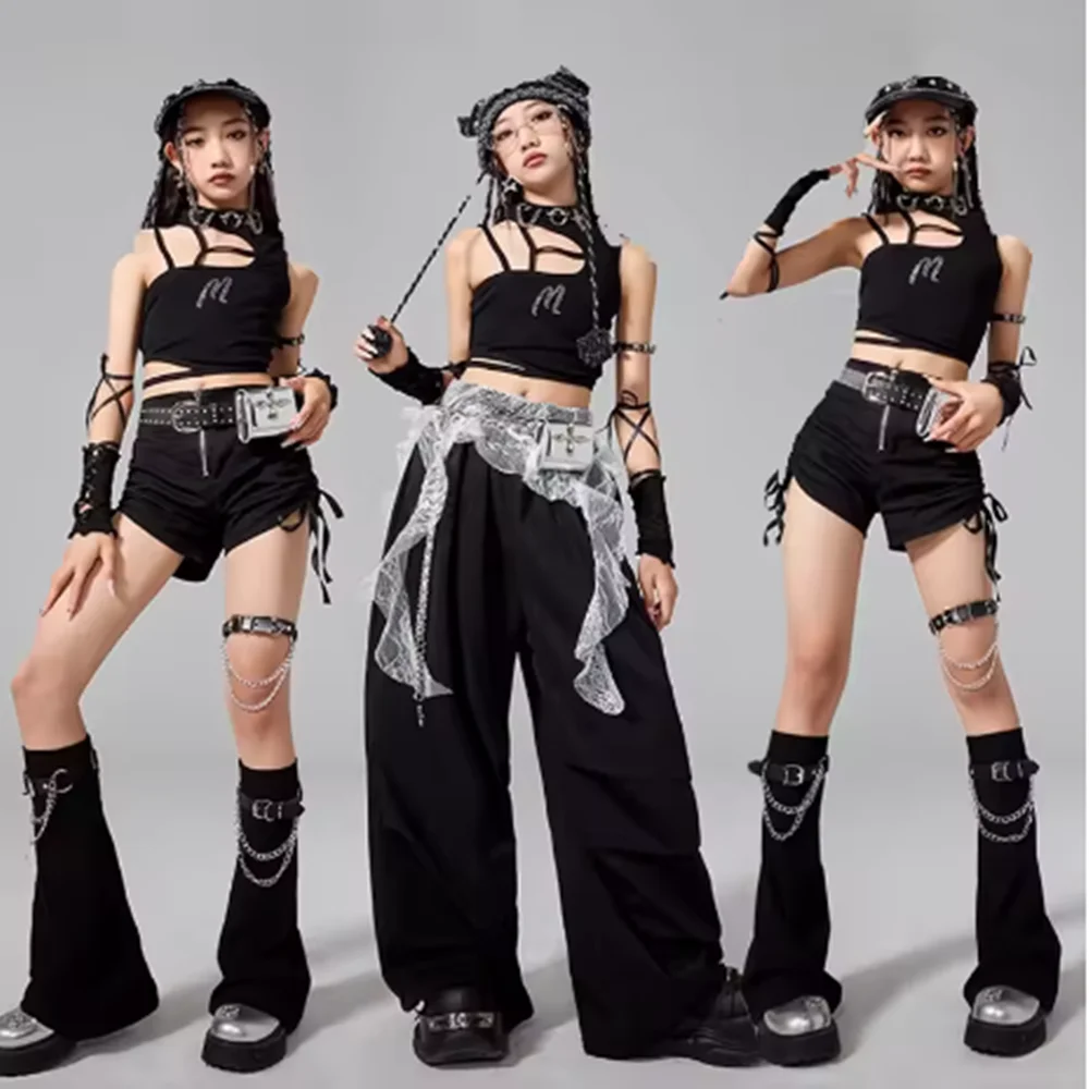 

2025 Kpop Jazz Dance Costumes Girls Crop Top Black Shuffle Pants Catwalk Concert Stage Outfit Kid Performance Clothes Streetwear
