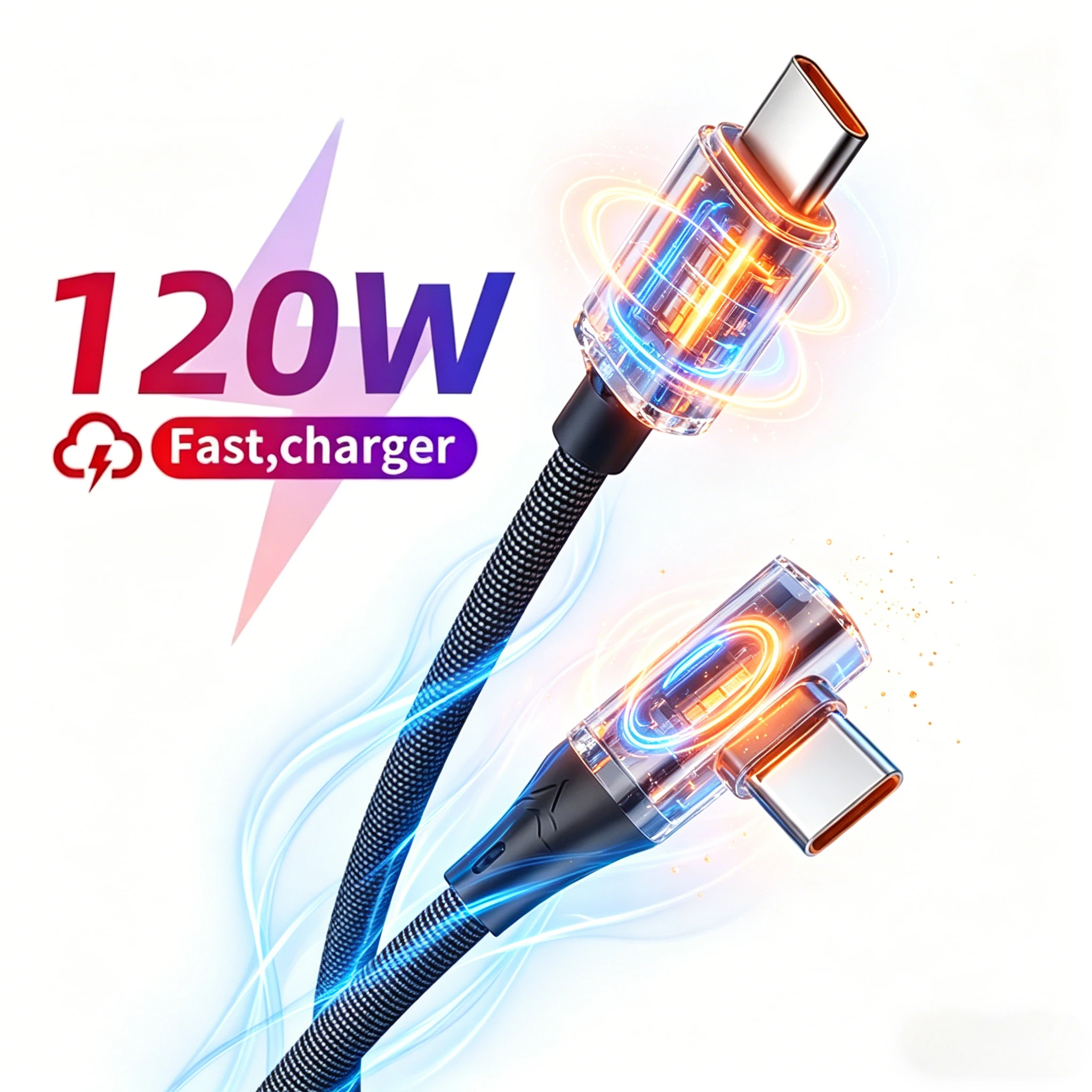 6A 120W USB C To Type C Cable 90 Degree Elbow Fast Charging Data Cord For Xiaomi Samsung Huawei Oneplus Super Quick Charge Cable