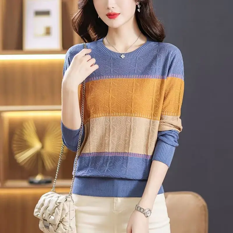 Autumn Winter Contrast Color Screw Thread Knitted Sweater Women\'s Clothing Round Neck Pullover Long Sleeve Casual Elegant Tops