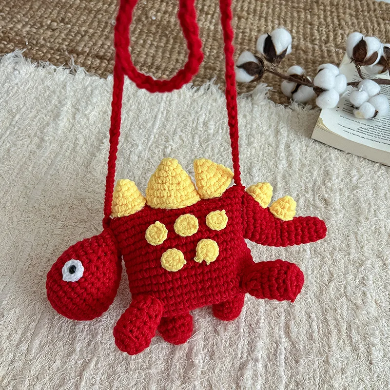 1pc Handmade Small Dinosaur Messenger Bag Single Shoulder Strap Crochet Cute Cartoon Children\'s Change Bag Mini Diagonal Package