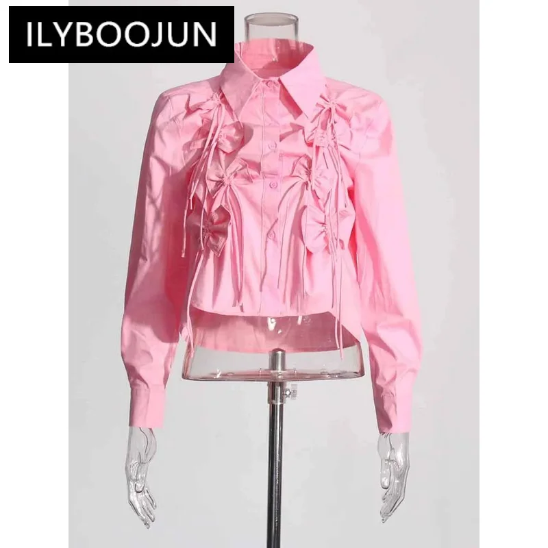 ILYBOOJUN Patchwork Bowknot Casual Shirts For Women Lapel Long Sleeve Spliced Single Breasted Blouse Female Fashion Clothes