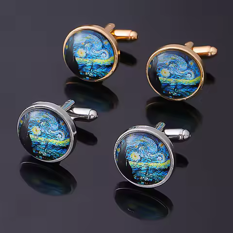 Funny Glass Cabochon Art Picture Cufflinks Van Gogh The Starry Night Pattern Round Sleeve Button