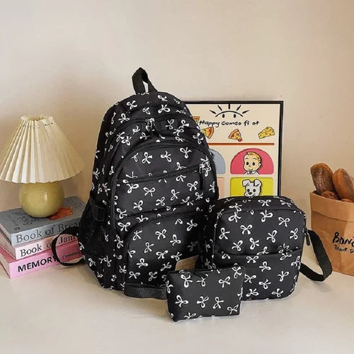 Imagen 1 del producto 3 unids/set linda chica de gran capacidad mochila con estampado de lazo mochila escolar de nailon correa ajustable mujeres mochila diaria para el Campus