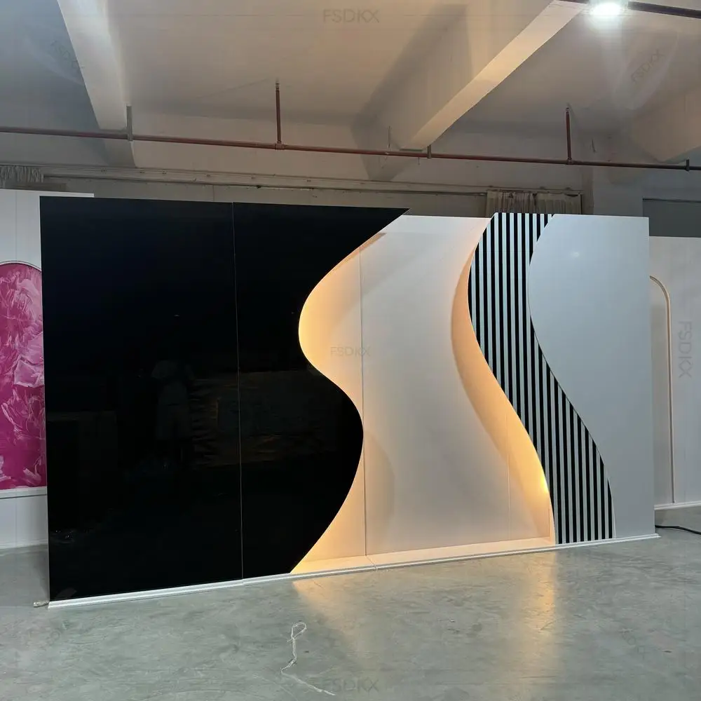 

FSDKX Customized Manufacturer Led Black Acrylic Backdrop Stand Wedding Event Party Backdrop Stage Decoration