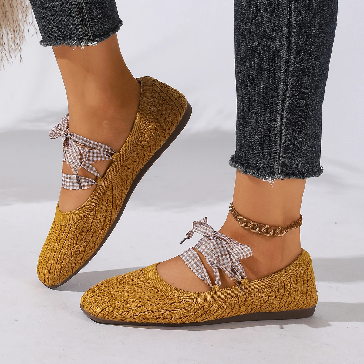 Women Flats French Mary Jane Shoes Summer Breathable Loafers Lightweight Ballet Sneakers Women Versatile Knitted Women Shoes