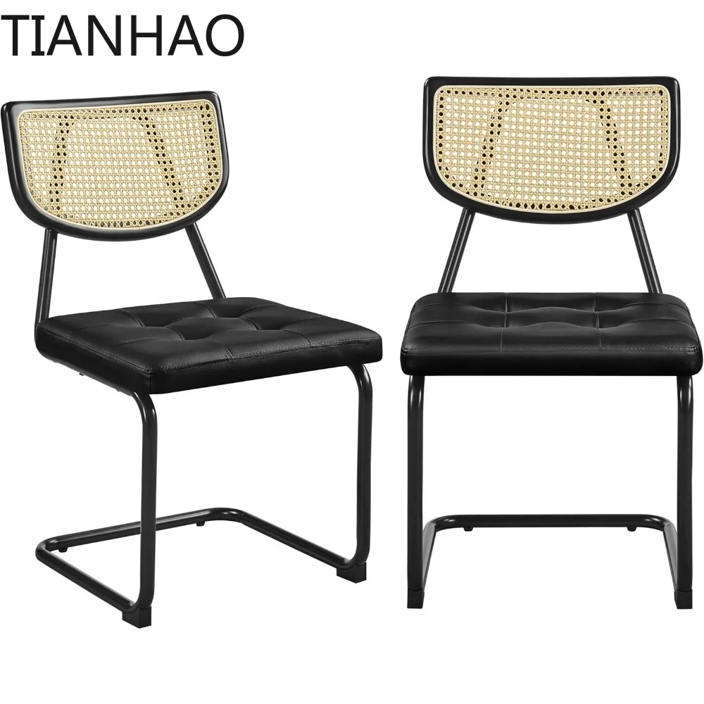 Rattan Dining Chairs Set of 2 Mid Century Modern Dining Room Chairs with Chrome Legs and Rattan Back for Home Kitchen,