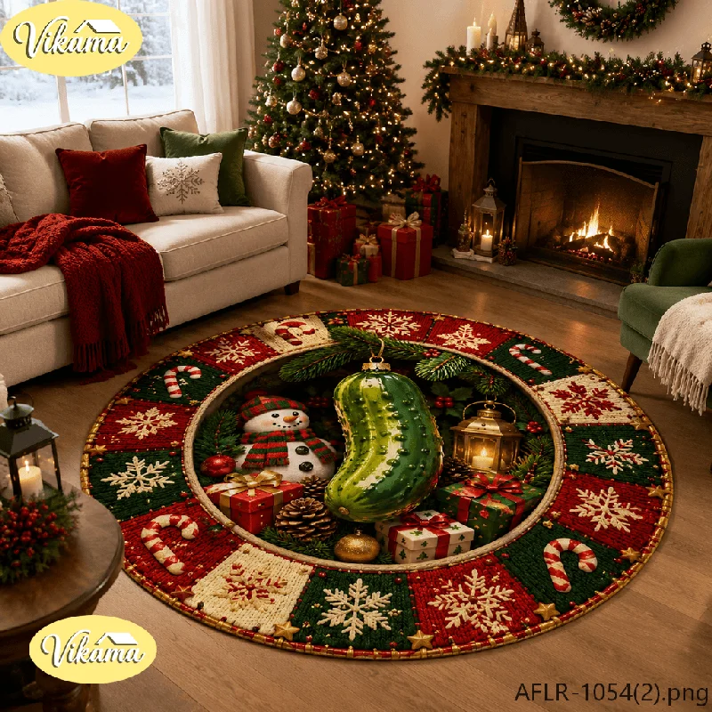 VIKAMA Christmas Gift Box Faux Wool Round Area Rug Non Slip Soft Floor Mat for Sunroom Dining Room Holiday Home Decor