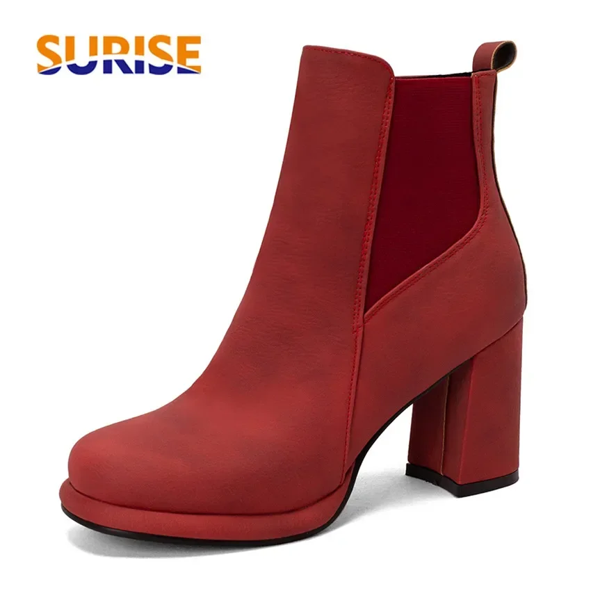 

British Women Platform Chelsea Boots Black Red High Block Heel Autumn Winter Office Club Lady Round Toe Retro Zipper Ankle Boots