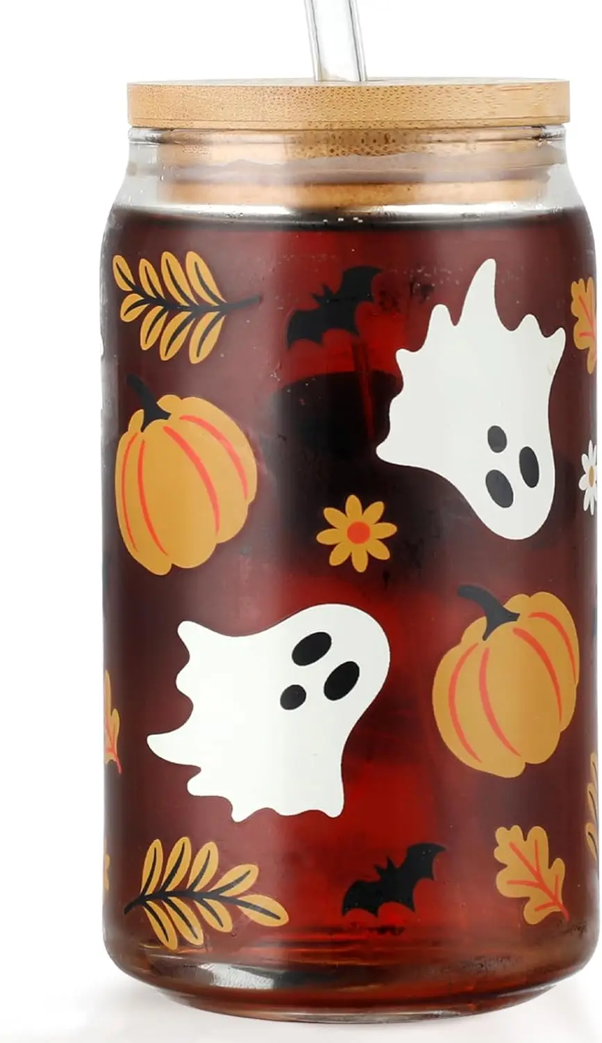 

Fall Iced Coffee Can Glass Cup Gifts, Drinking Glass Cups with Lids and Straws Halloween, 16oz Jar,Tumbler, Beer Can, Thanksgivi