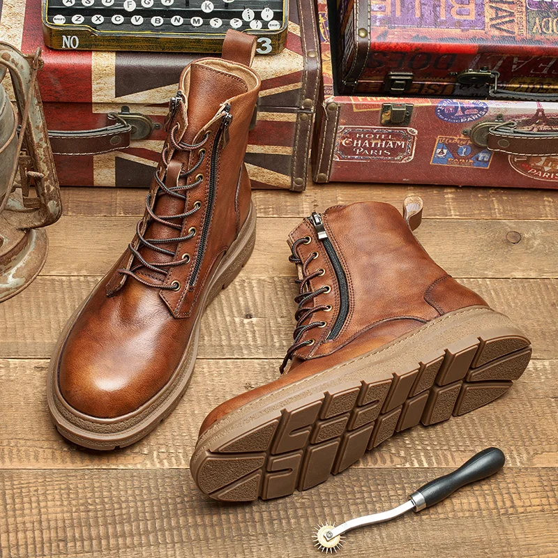 New Men's Cowhide High-top  Boots British Men Lace-up Retro Thick Sole Durable  Shoes