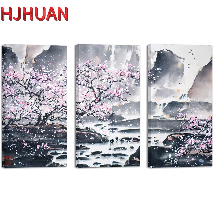 

Natural Scenery Plum Blossom Full Circle Diamond Painting, Handmade Diamond Embroidery, Mosaic Art Kit, Home Decoration, 3Pcs