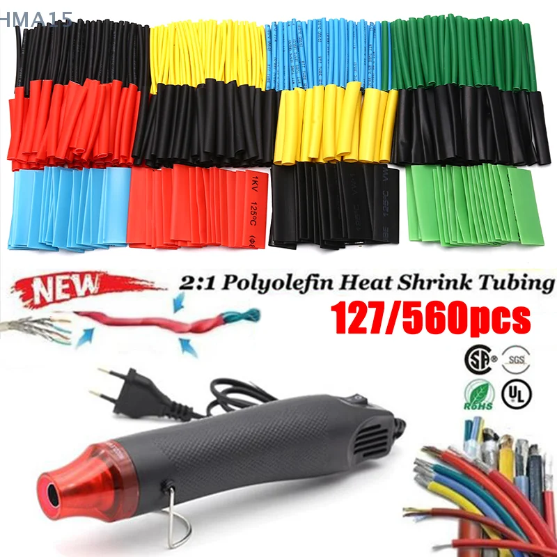 127/560 Uds Tubo termorretráctil aislamiento de poliolefina surtido de tubos retráctiles Kit de manguito de Cable electrónico juego de tubos termorretráctiles