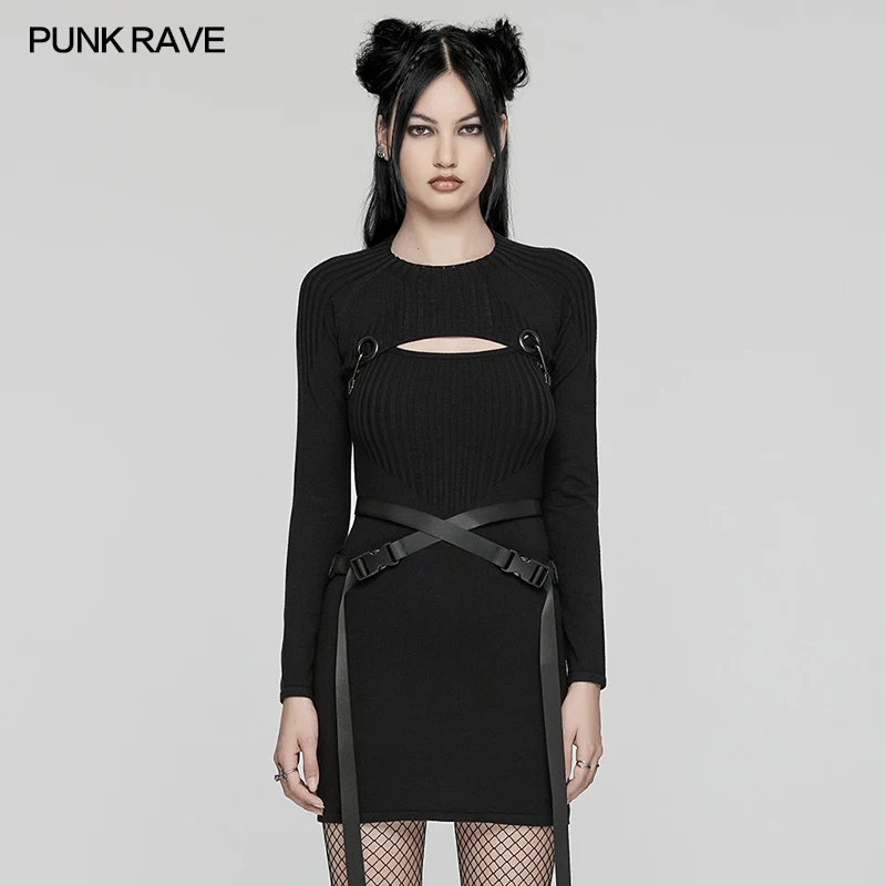 PUNK RAVE Women's Punk Knitted Dress Set Detachable Adjustable Buckle Webbing Enhance Body Shape Club Dresses Multiple Wearing