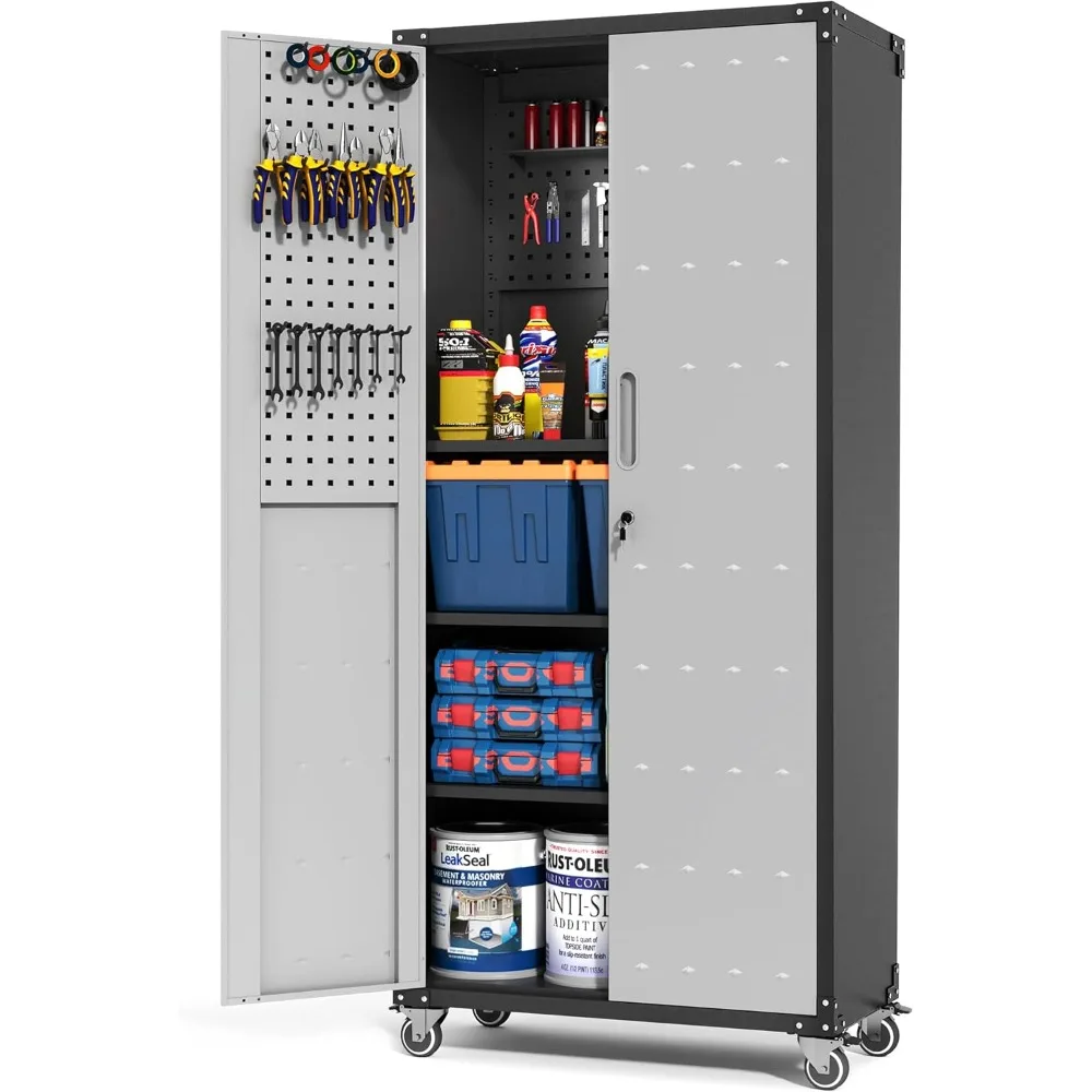 

Garage Metal Storage Cabinet with Pegboard, 71'' Tall Storage Cabinet with Adjustable Shelves and Doors, Rolling Tool Cabinet on