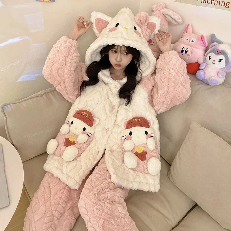 Hello Kitty New Cartoon Cute Sleepwear Coral Velvet Plus Velvet Thickened Loungewear Pajamas Keep Warm Home Suit Set Xmas Gift