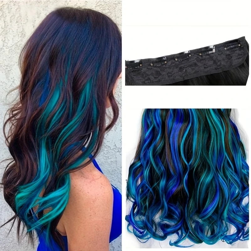 Extensión de cabello sintético de 20 pulgadas, rizado con reflejos arcoíris, una pieza con 5 clips, invisible, para uso diario