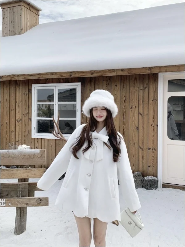

Winter Long Sve Coat Loose Knot Rich Miss Girl Sle White Overcoat Ele Lady's Coat Doll Collar Medium Length